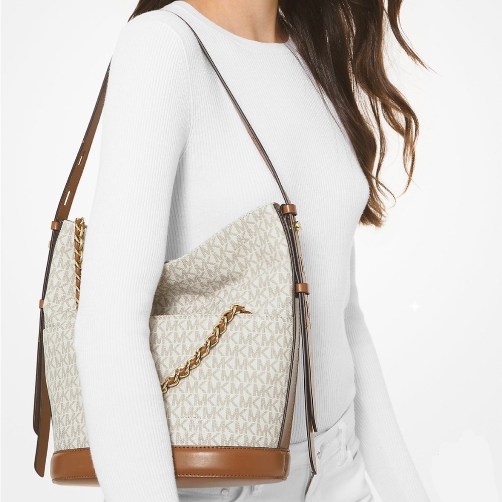 Michael Kors Reese Large Logo Gold Chain Shoulder Bag Cream With Tan Leather